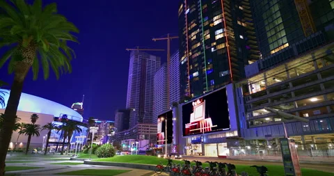 Crypto.com and construction site with digital billboards at night in Los Angeles Stock Footage 215461275