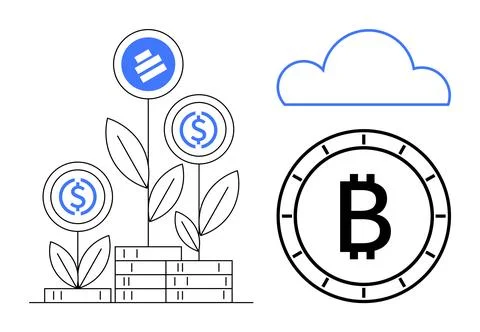 Cryptocurrencies Growing on Trees with Bitcoin Coin and Cloud Storage Symbol Stock Illustration