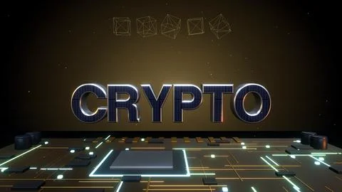 Cryptocurrency 3D Text with Blockchain Cubes on a Circuit Board Stock Illustration