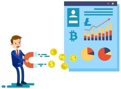 Cryptocurrency and blockchain composition with man analyst and manager working イラスト素材
