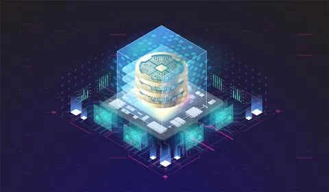 Cryptocurrency and Blockchain Concept. Data Transmission and Processing. Fina Stock Illustration