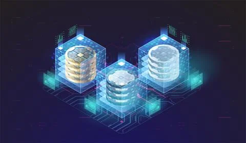 Cryptocurrency and Blockchain Concept. Data Transmission and Processing. Fina Stock Illustration