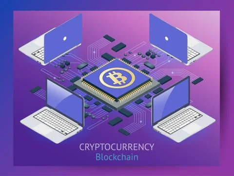 Cryptocurrency and blockchain isometric composition. Stock Illustration