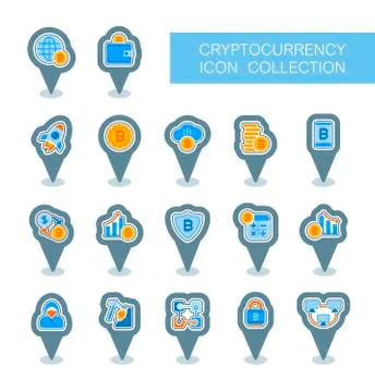 Cryptocurrency and blockchain pin map icons Stock Illustration