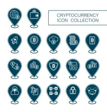 Cryptocurrency and blockchain pin map icons Stock Illustration