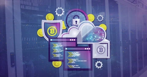Cryptocurrency and blockchain technology animation over digital code and cloud Stock Footage 305292481