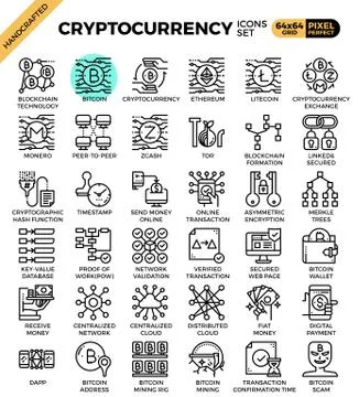 Cryptocurrency and blockchain technology concept icons set in modern line ico Illustrazione stock