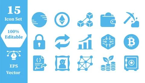 Cryptocurrency and blockchain technology icon set with cryptocurrency, ethere 스톡 일러스트