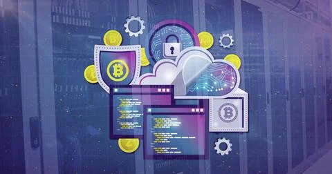 Cryptocurrency and blockchain technology image over digital code and cloud Foto stock