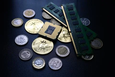 Cryptocurrency and computer hardware representing digital finance and blockchain 库存照片