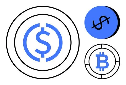 Cryptocurrency and Digital Currency Concept with Dollar and Bitcoin Symbols.. Stock Illustration