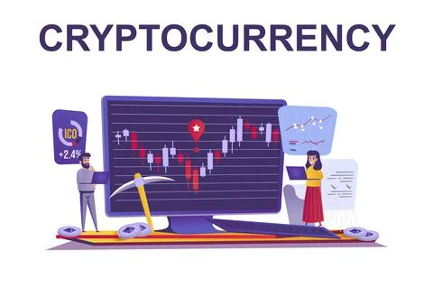 Cryptocurrency and finance web concept in flat style. People analyze candlest Stock Illustration