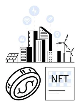 Cryptocurrency and green tech in smart city with wind turbines and NFT icon Illustrazione stock