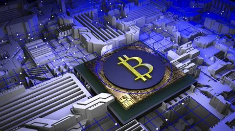 Cryptocurrency and mining concept. 3d Sign of bitcoin on the cpu processor of a Stock Illustration