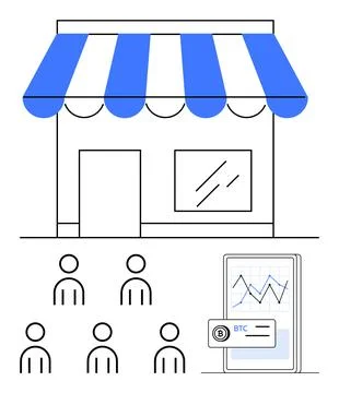 Cryptocurrency and Retail Adoption Storefront with Customers Using Digital .. Stock Illustration