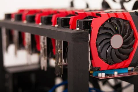 Cryptocurrency background mining rig , Close up of array of GPUs for mining rig Foto stock