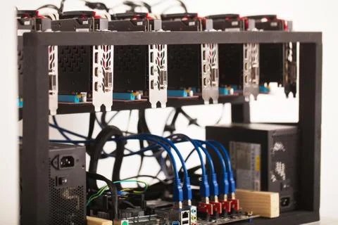 Cryptocurrency background mining rig , Close up of array of GPUs for mining rig 스톡 사진