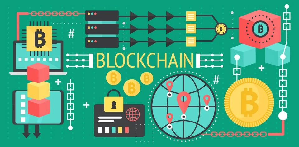 Cryptocurrency bitcoin and blockchain network technology concept. Global network Stock Illustration