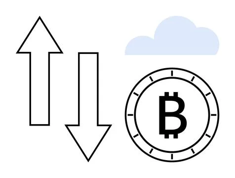 Cryptocurrency Bitcoin with Up and Down Arrows and Cloud Symbolizing Market.. Ilustración de archivo