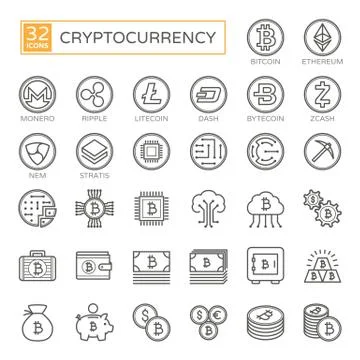 Cryptocurrency, bitcoin, blockchain - minimal thin line web icon set Stock Illustration
