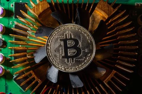 Cryptocurrency, bitcoin on a chip, blockchain Stock Photos