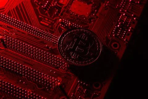 Cryptocurrency, bitcoin on a chip, blockchain Stock Photos
