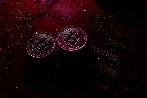 Cryptocurrency, bitcoin on a chip, blockchain Stock Photos