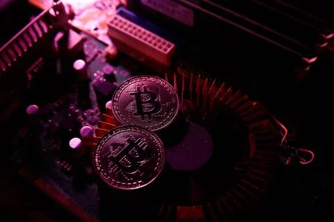Cryptocurrency, bitcoin on a chip, blockchain Stock Photos