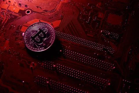 Cryptocurrency, bitcoin on a chip, blockchain Stock Photos