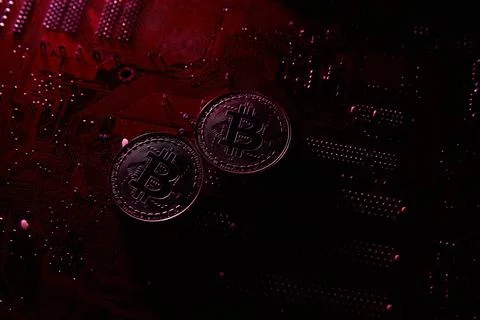 Cryptocurrency, bitcoin on a chip, blockchain Stock Photos