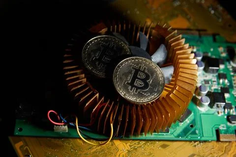Cryptocurrency, bitcoin on a chip, blockchain Stock Photos
