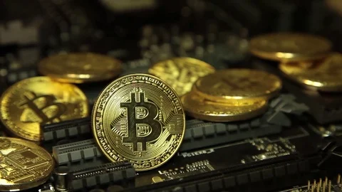 Cryptocurrency Bitcoin on the chip. Gold coin.Virtual currency Stock Footage 83213286