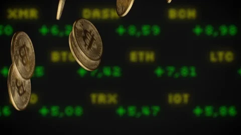 Cryptocurrency Bitcoin coins falling  course ticker background Stock Footage 86134351