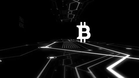 A cryptocurrency bitcoin hologram hovering in a computer circuit tunnel. Stock Illustration