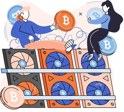 Cryptocurrency bitcoin mining metaphor, Blockchain technology. Cyber banking Illustrazione stock