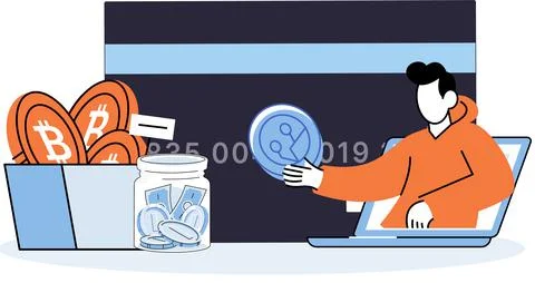 Cryptocurrency bitcoin mining metaphor, Blockchain technology. Cyber banking イラスト素材
