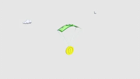 Cryptocurrency bitcoin parachutes down from the sky 3d animation with Alpha.. Stock Footage 304252781