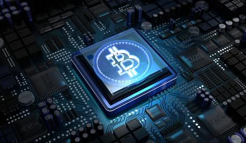 Cryptocurrency Bitcoin Symbol and Computer Motherboard - 3D illustration Illustrazione stock