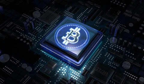 Cryptocurrency Bitcoin Symbol and Computer Motherboard - 3D illustration Illustrazione stock