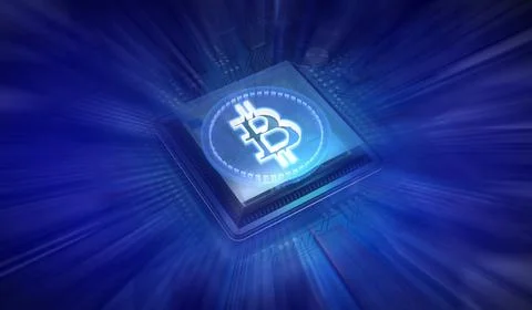 Cryptocurrency Bitcoin Symbol and Computer Motherboard - 3D illustration Illustrazione stock