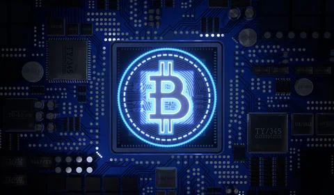 Cryptocurrency Bitcoin Symbol and Computer Motherboard - 3D illustration Illustrazione stock