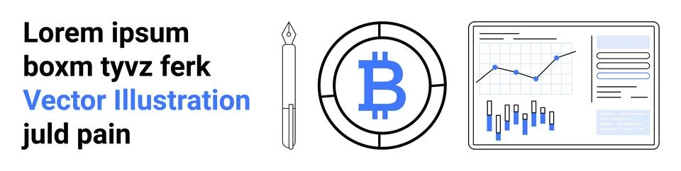 Cryptocurrency Bitcoin symbol, data analysis graph with bar and line charts,  Illustrazione stock