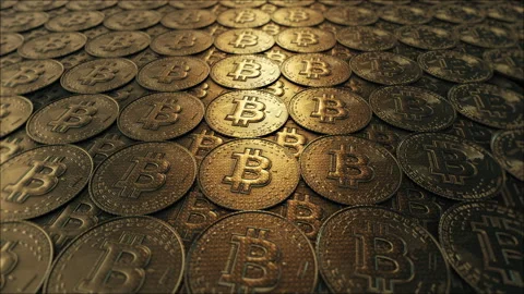 Cryptocurrency Bitcoins on the floor in a 3D animation Stock Footage 239100821