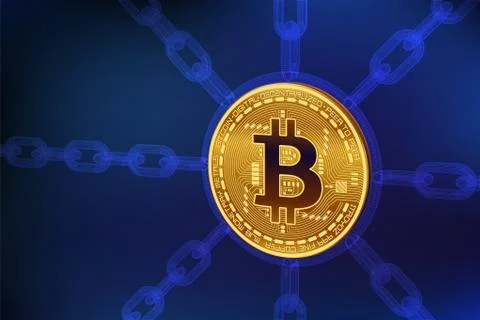 Cryptocurrency. Blockchain. 3D isometric Physical bitcoin with wireframe chain 스톡 일러스트