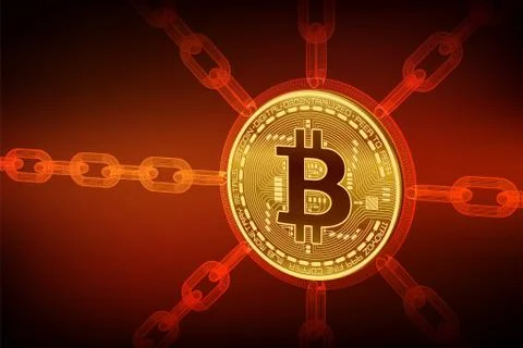 Cryptocurrency. Blockchain. 3D isometric Physical bitcoin with wireframe chai Stock Illustration