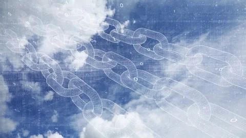 Cryptocurrency blockchain chains in the digital sky rotation Stock-Footage 334816781