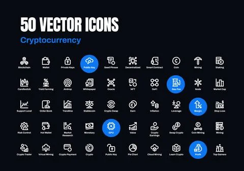 Cryptocurrency &amp; Blockchain Icon Set Stock Illustration