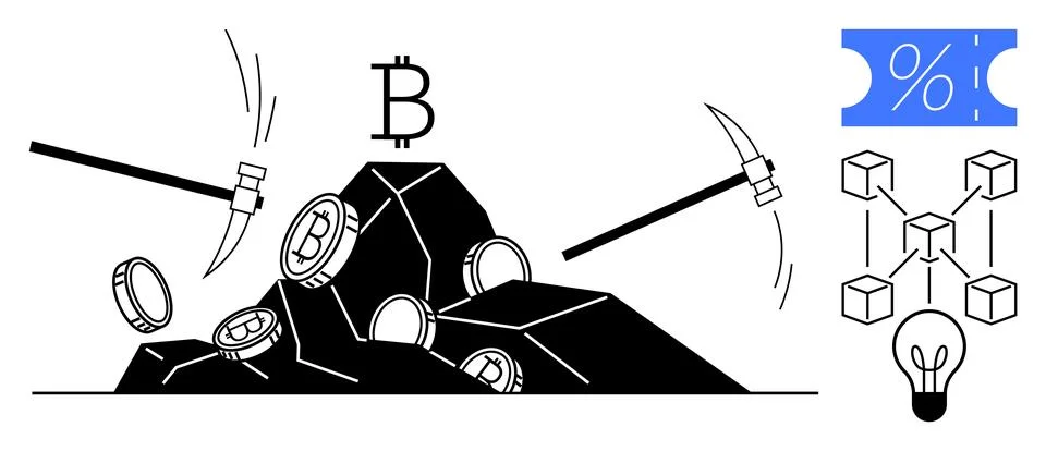 Cryptocurrency, blockchain technology, Bitcoin mining, data transactions, fin Stock Illustration