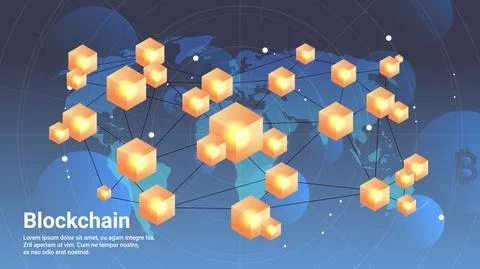 Cryptocurrency blockchain technology virtual currency on world map horizontal Stock Illustration