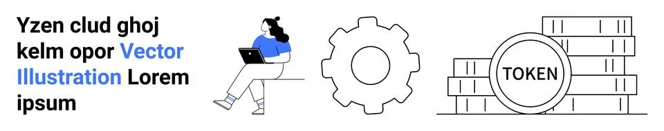 Cryptocurrency, blockchain, workflow, problem-solving, teamwork, digital econ Stock Illustration